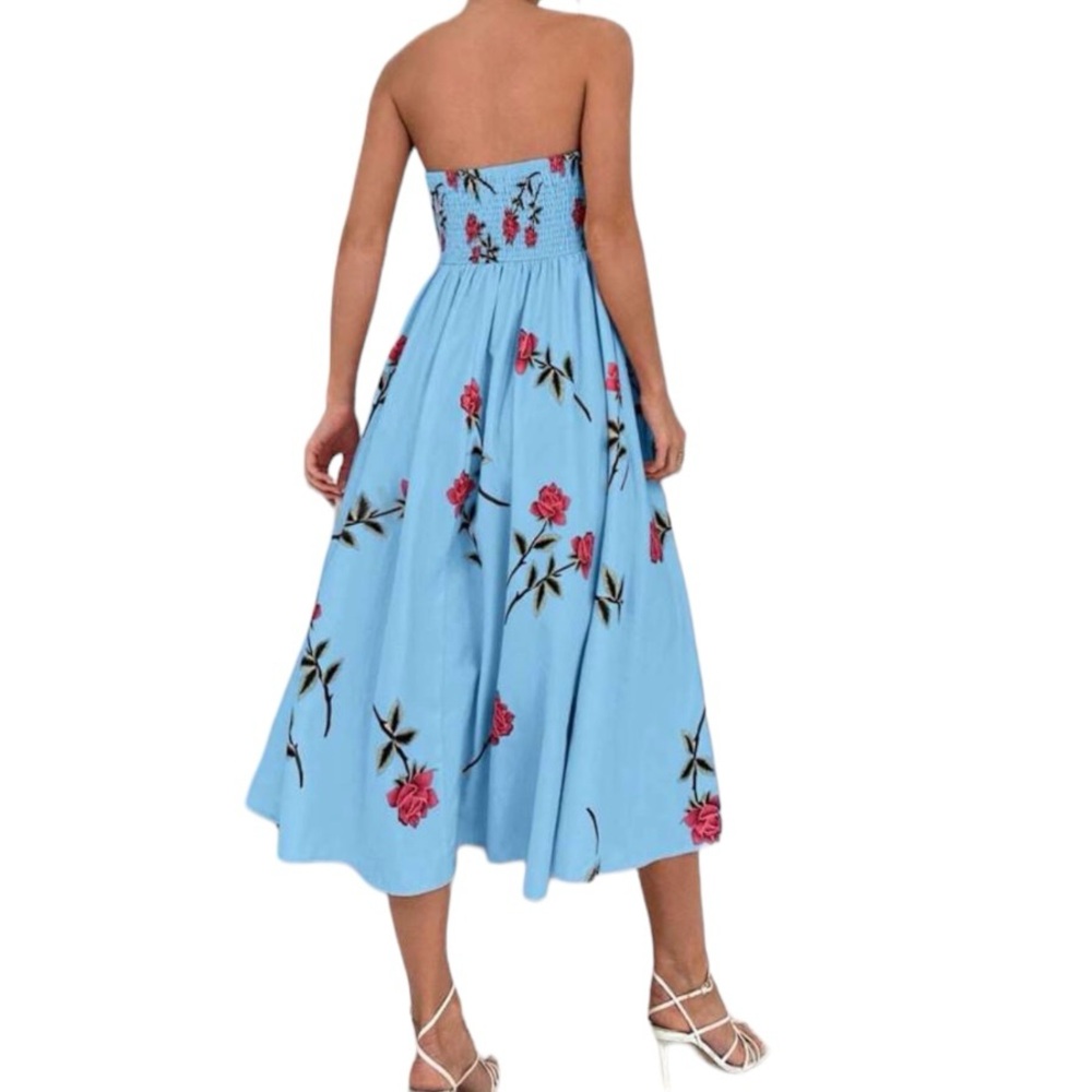 Blue Floral Strapless Dress - Picture 2 of 11